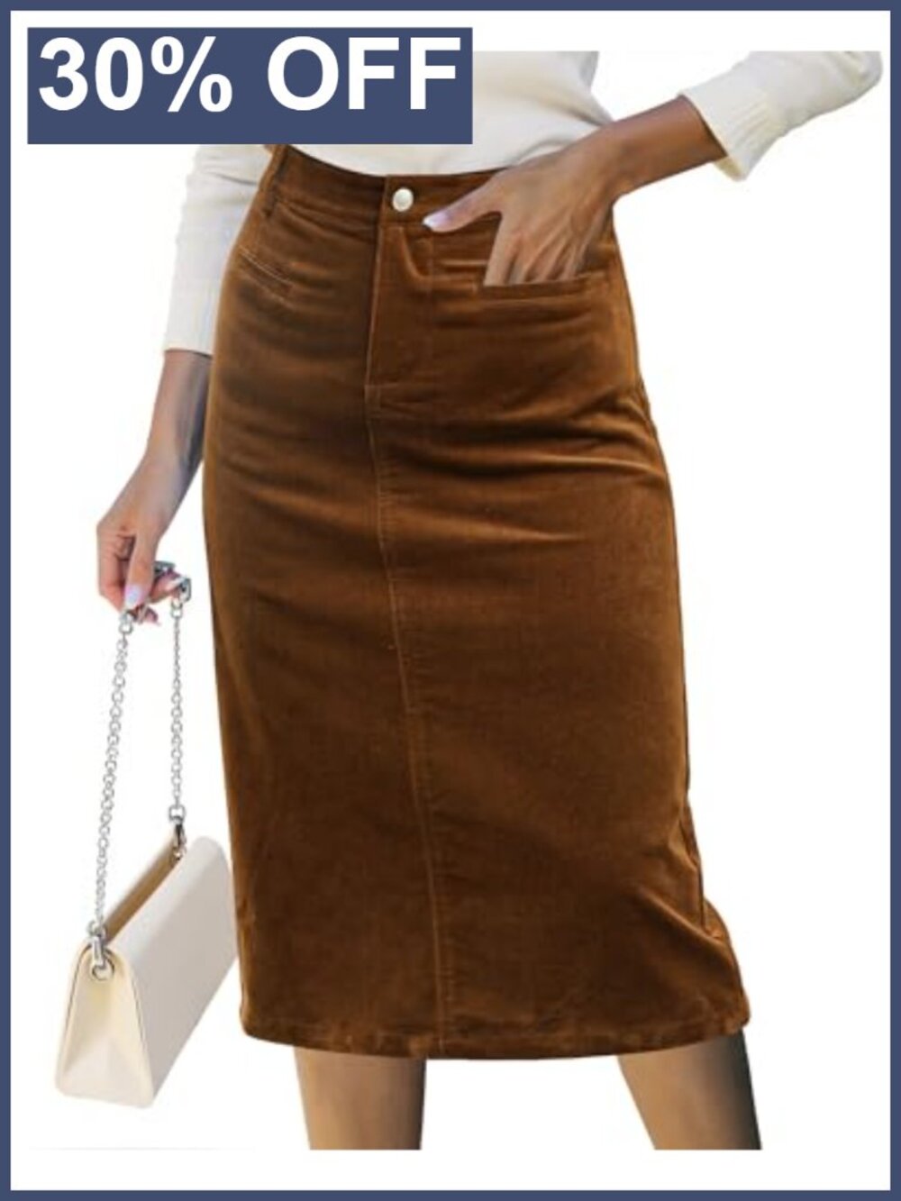 Corduroy Midi Skirt High Waisted Elastic Waist Pockets Fall Work Skirt